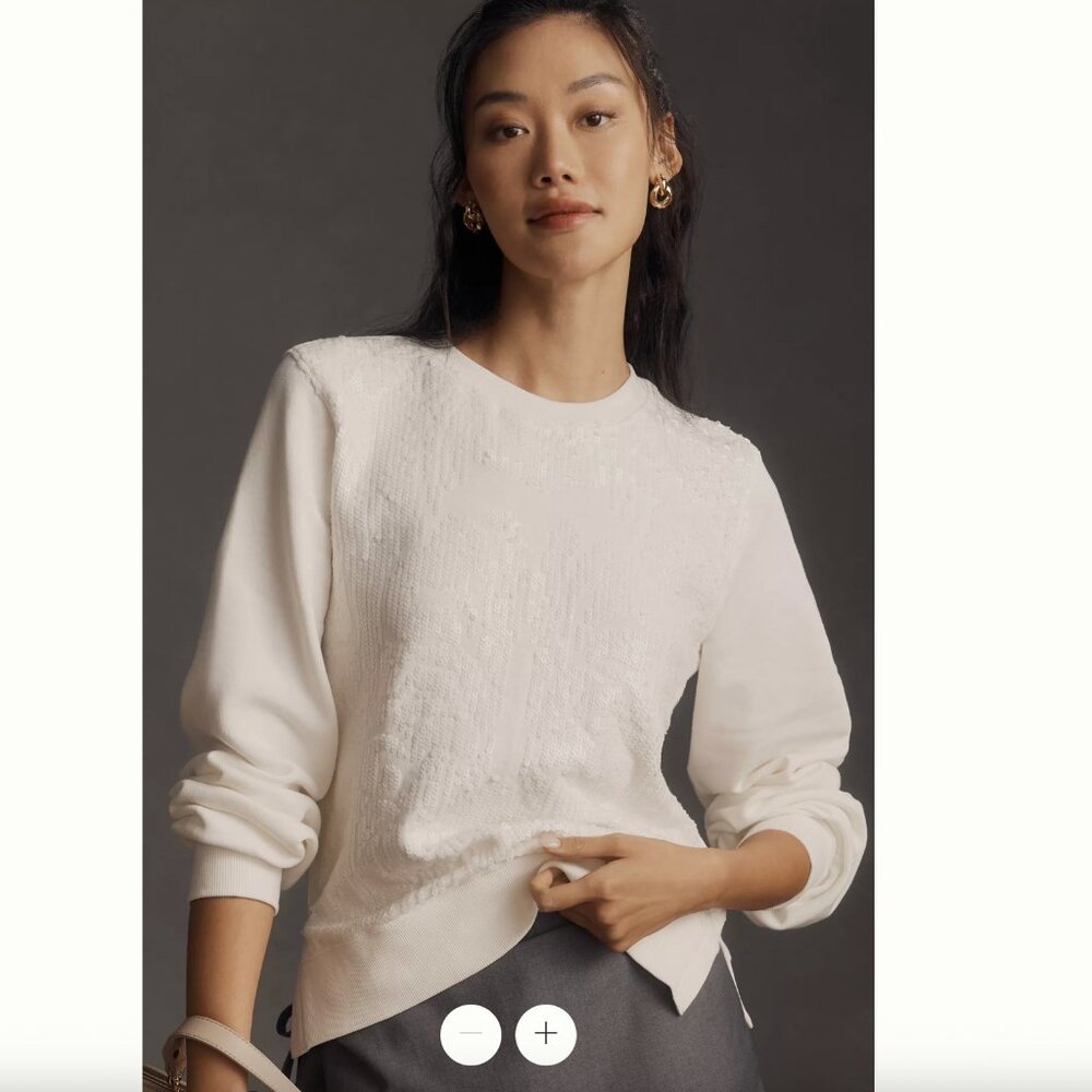 Anthropologie White Sequin Ribbed Long Sleeve Sweatshirt